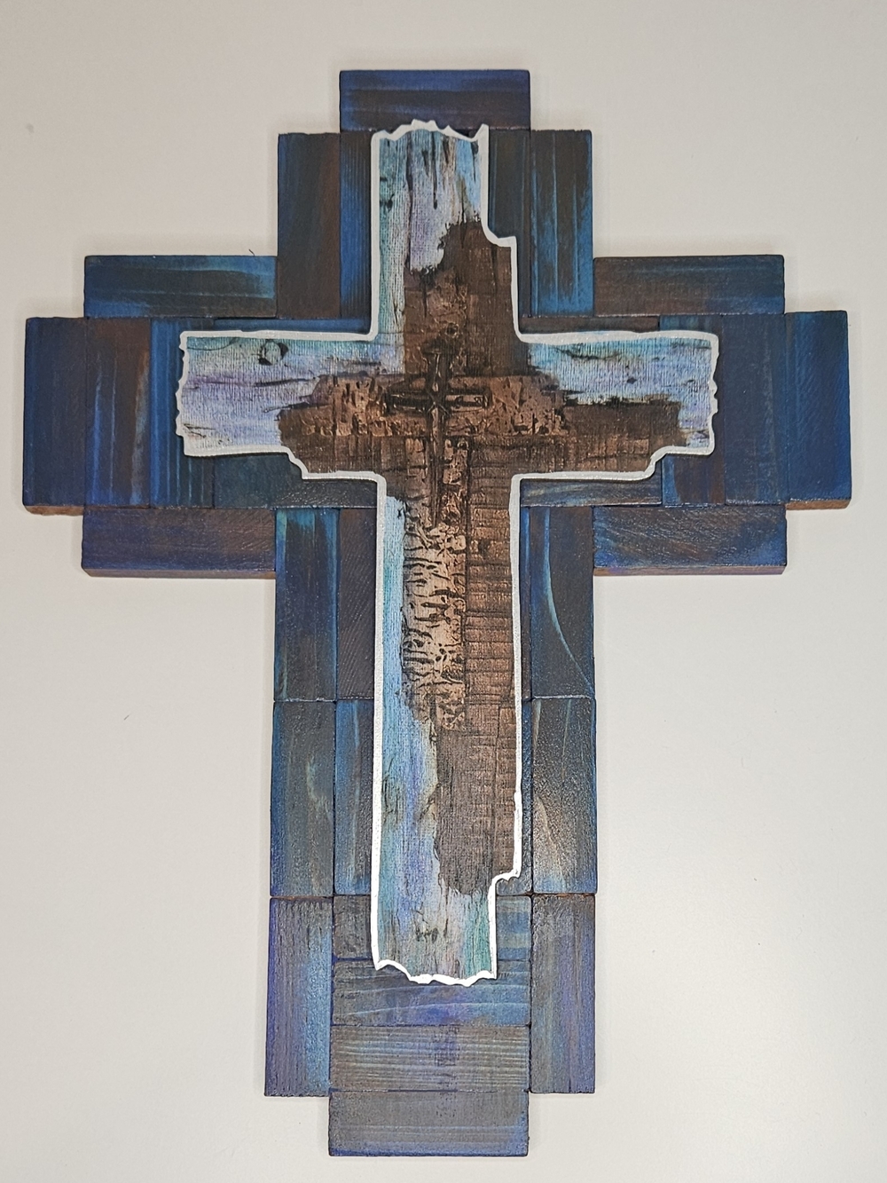 Handcrafted Blue & Brown Wooden Cross Wall Decor - Picture 7 of 10